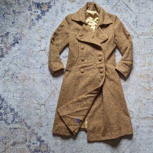 Vintage Pendleton Tan Camel Virgin Wool Tweed Trench Overcoat, Size Small Medium